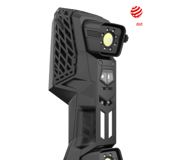 Close-up of the EVO Series 3D scanner showing dual lenses and black casing